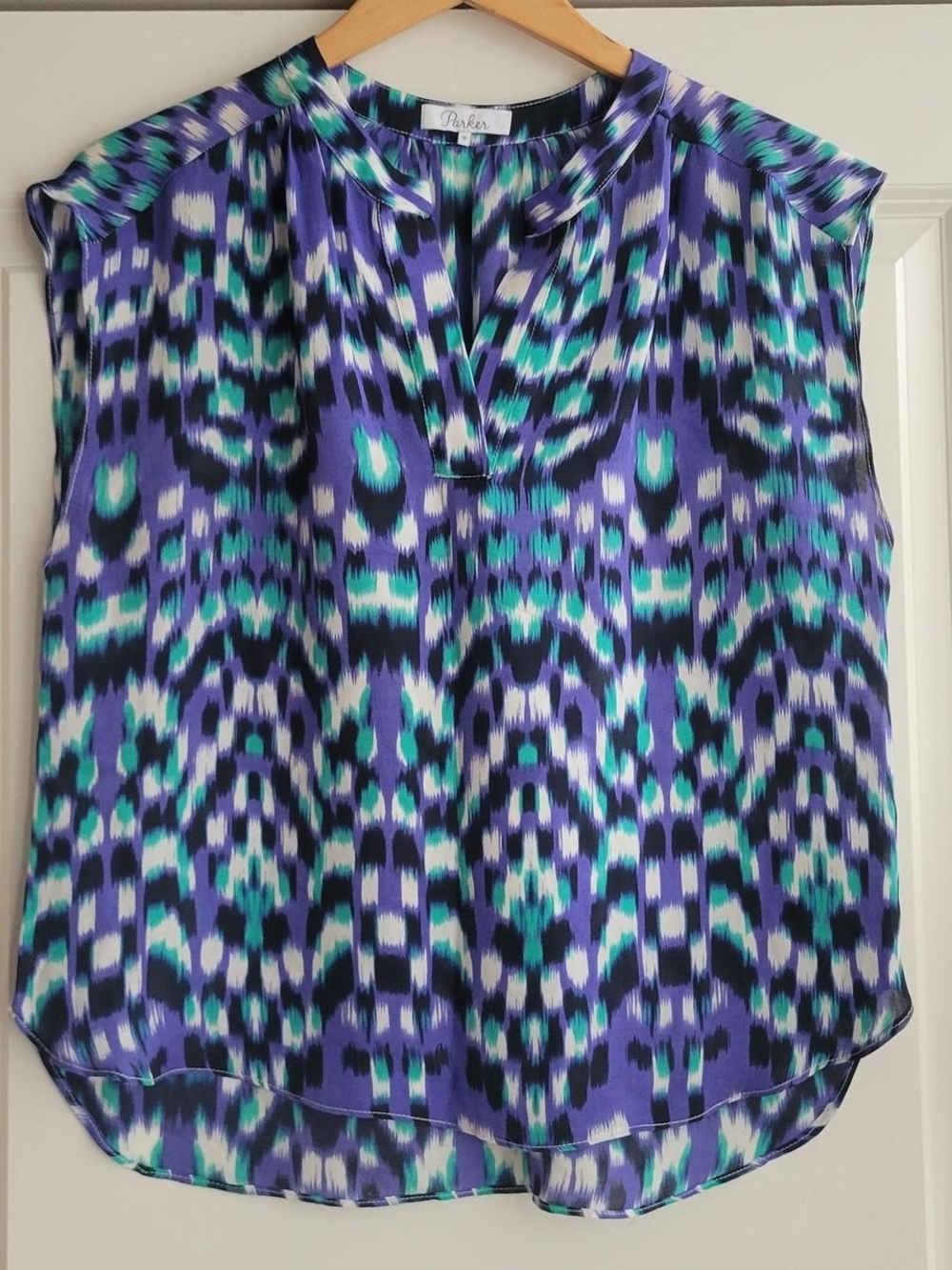 Parker Sleeveless Blouse in Purple and Teal Ikat Print